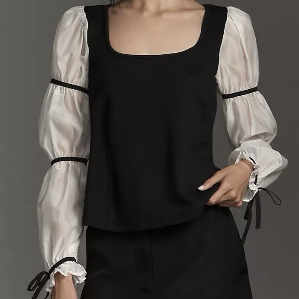 Anthropologie Maeve Medium Black Balloon Sleeve Top White Sleeves Bows